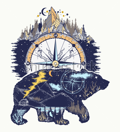 Постер Яркий коллаж на тему открытий и путешествий с компасом, горами, лесами и медведем  