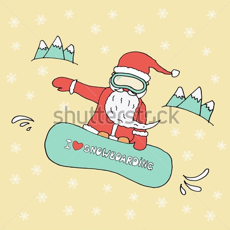 Картина Забавный Санта-Клаус в маске мчится с горы на сноуборде 