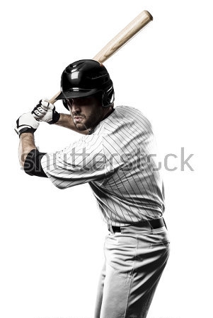 Картина Суровый бейсболист в шлеме и с битой в руках на белом фоне 