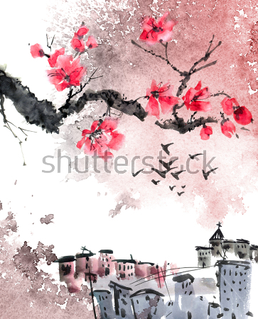 Картина Городской пейзаж с веткой цветущего дерева и птицами 