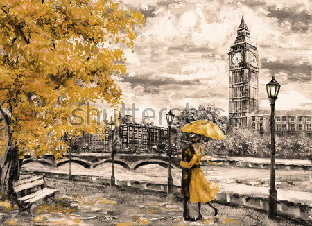 Картина маслом Влюблённая пара под зонтом на улице осеннего Лондона с видом на Биг-Бен 