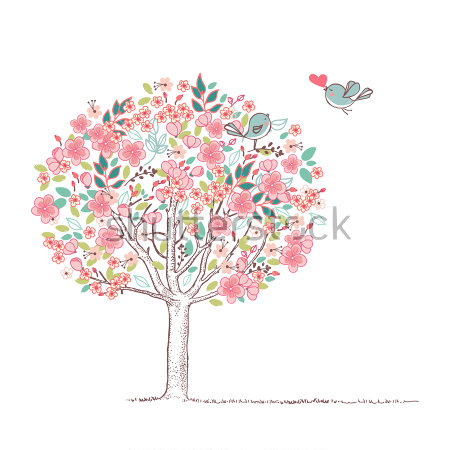 Картина Нежная весенняя иллюстрация с цветущим деревцем и влюблёнными птичками 