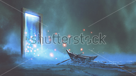 Картина Мистический морской пейзаж в ночное время - лодка у тайной волшебной двери в другой мир 