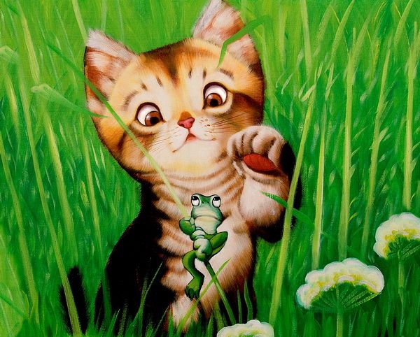 кот и лягушка. бесхвостые кошки. котик жаба. котенок в шапочке. кошка и жаба.
