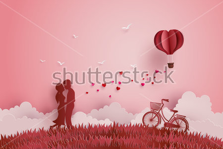 Картина Влюблённые с велосипедом на фоне облаков и воздушного шара в небе 