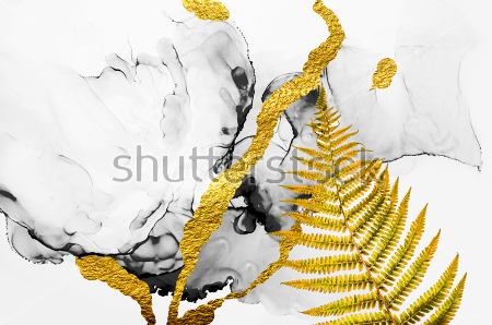 Картина Яркая композиция в оттенках прозрачного серого цвета с золотыми линиями и листом папоротника 