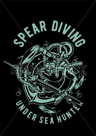 Постер Иллюстрация подводной охоты с дайвером в акваланге и гарпуном, рыбами, корабельным якорем  