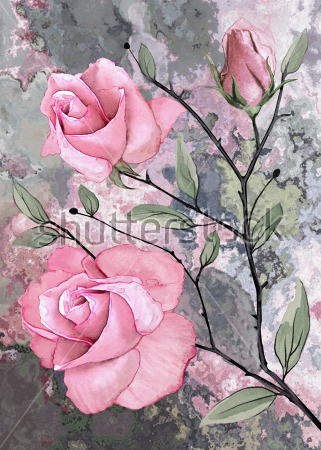 Постер Веточка прекрасных розовых роз на абстрактном мраморном фоне  