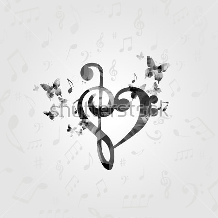 Картина Монохромный коллаж на тему любви и влюблённости из музыкальных знаков и порхающих бабочек 