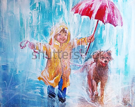 Картина Счастливый мальчик с зонтиком гуляет со своим щенком под дождём 