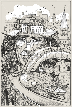 Картина Художественное воплощение небольшого европейского городка с замками, каналами и оригинальными домиками 