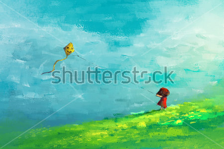 Картина Девочка на зелёной поляне с жёлтым воздушным змеем  