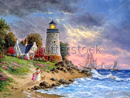 Картина Красивый пейзаж с маяком, бушующими волнами и парусниками в закатном небе 