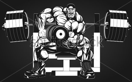 Картина Иллюстрация огромного культуриста с горой мышц, делающего упражнение с гантелями 