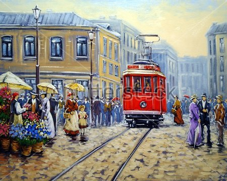 Картина Городской пейзаж с красным трамваем в Старом городе и прохожими с зонтами 