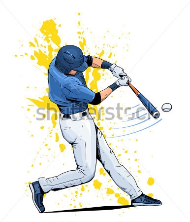 Постер Иллюстрация бейсболиста, отбивающего мяч битой, на фоне жёлтых брызг и пятен 