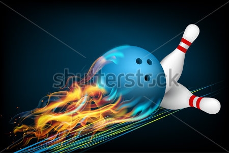 Картина Шар для боулинга с огненным шлейфом сбивает на большой скорости кегли 
