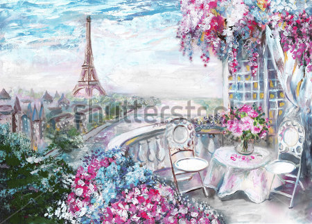 Картина маслом Летнее кафе в Париже с видом на Эйфелеву башню 