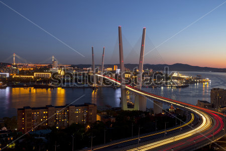 Картина Панорама ночного Владивостока с видом на Золотой мост с движущимся светом автомобилей 