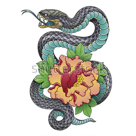 Постер Иллюстрация змеи с цветком пиона в восточном стиле  