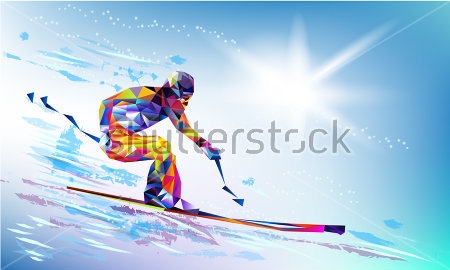Картина Иллюстрация с фигурой лыжника на скоростной трассе слалома в красочном геометрическом стиле ХХІІІ Олимпийских игр 