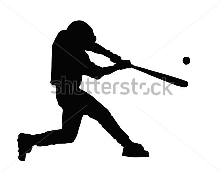 Постер Силуэт бейсболиста отбивающего мяч битой 
