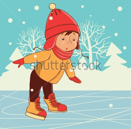 Картина Забавный мальчуган пытается удержаться на коньках 