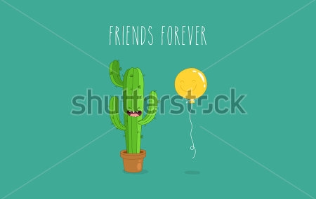 Картина Забавная иллюстрация с кактусом в горшочке, жёлтым воздушным шариком и надписью на бирюзовом фоне 