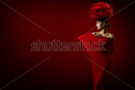 Картина маслом Яркая девушка-цветок в алом платье и шляпке в виде розы на красном фоне 