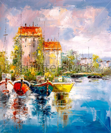 Картина маслом Красивый пейзаж с видом на гавань с лодками на фоне домиков  