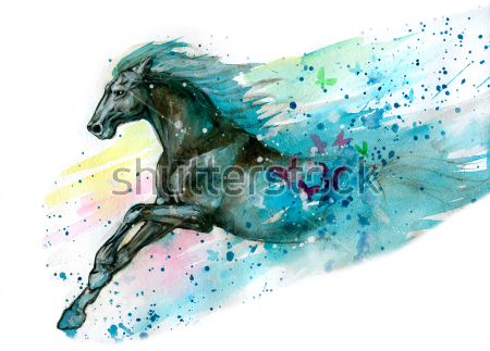 Картина Динамичная иллюстрация бегущего вороного коня в окружении акварельных брызг и пятен  