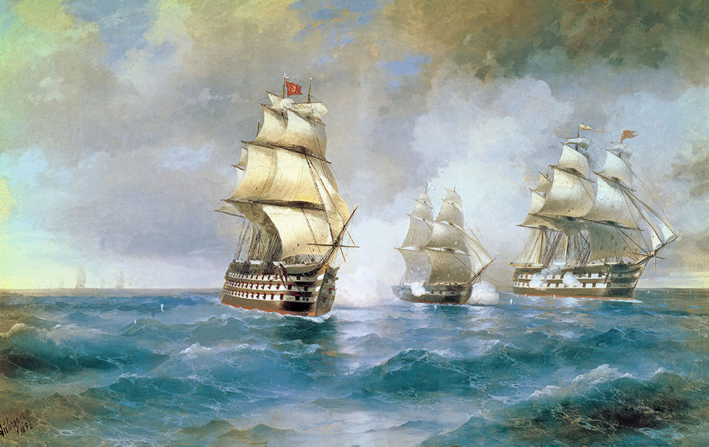 Картина "Бриг «Меркурий», атакованный двумя турецкими кораблями" Айвазовского