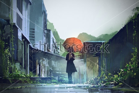 Постер Девушка под зонтом в заброшенном городе  