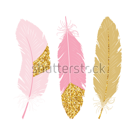Картина Композиция из трёх перьев розового и песочного цвета с золотыми вкраплениями 