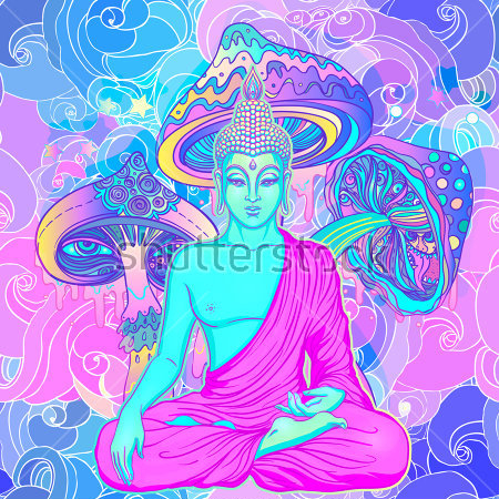 Картина Яркий психоделический коллаж с сидящим Буддой на фоне зарослей с грибами 