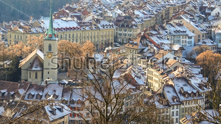 Картина Красивый зимний пейзаж с видом на крыши домов и шпиль собора в Берне 