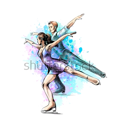 Картина Красочная иллюстрация с танцующей парой фигуристов на льду на фоне акварельных брызг 