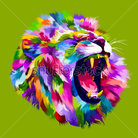 Картина Разноцветная голова рычащего льва на зелёном фоне в стиле поп-арт 