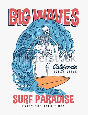 Картина Яркий плакат со скелетом на доске для сёрфинга, поймавшим большую волну, и словами - большая волна рай для сёрфинга 