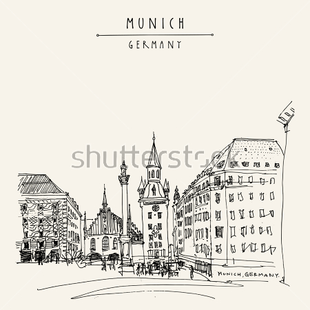 Картина Старая ратуша и чумная колонна на площади Мариенплац в Мюнхене 