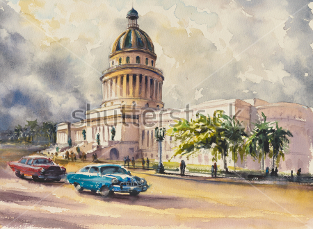 Картина Пейзаж с автомобилями перед зданием Капитолия в Гаване (Куба) 