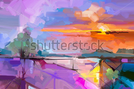 Постер Красивый вечерний пейзаж с золотым закатом и фиолетовым небом  