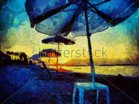 Картина маслом Вечерний пейзаж с зонтиками на пляже 