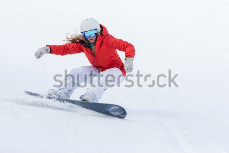 Картина Девушка сноубордист совершает спуск  