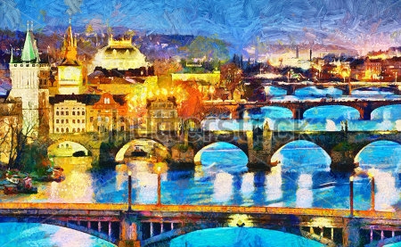 Картина маслом Вид на мосты ночной Праги 