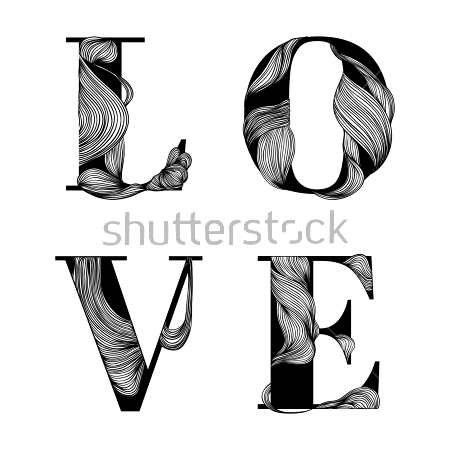 Картина Стилизованная различными локонами надпись Любовь в чёрно-белой гамме 