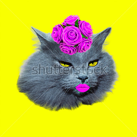 Картина Забавный коллаж с модной кошкой в цветочной шляпке и яркими губами на жёлтом фоне 