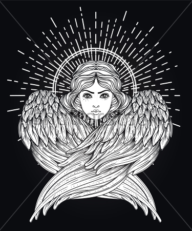 Картина Чёрно-белая иллюстрация с мифической девушкой в образе птицы-Гамаюн с нимбом и лучами  