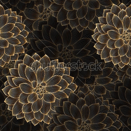 Картина Красивая объёмная иллюстрация с ажурными цветками золотистого георгина на чёрном фоне 
