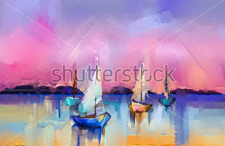 Картина Пейзаж с розовым закатом над морем с парусниками 